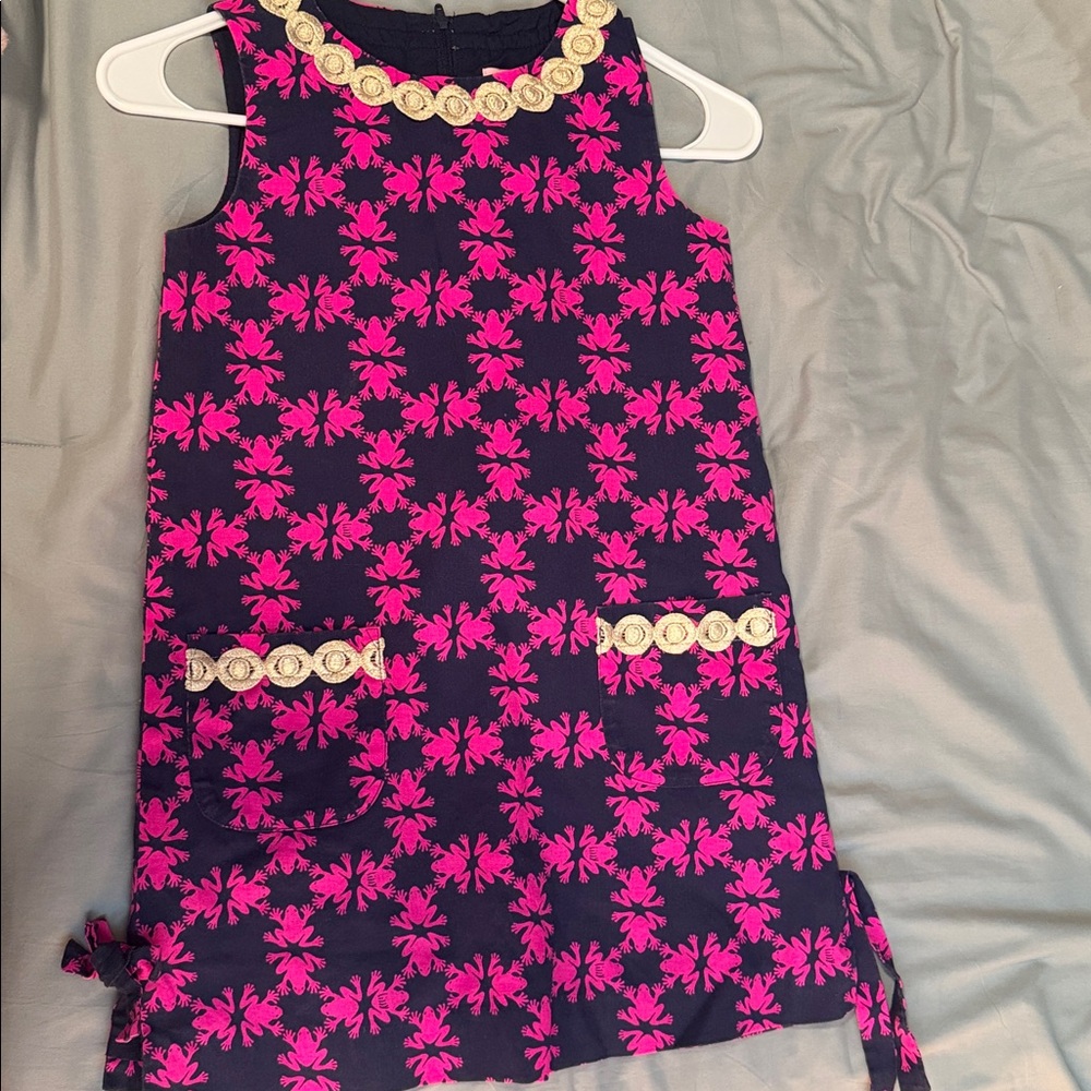 Lilly Pulitzer Kids Dress in Pink and Navy Frog Pattern